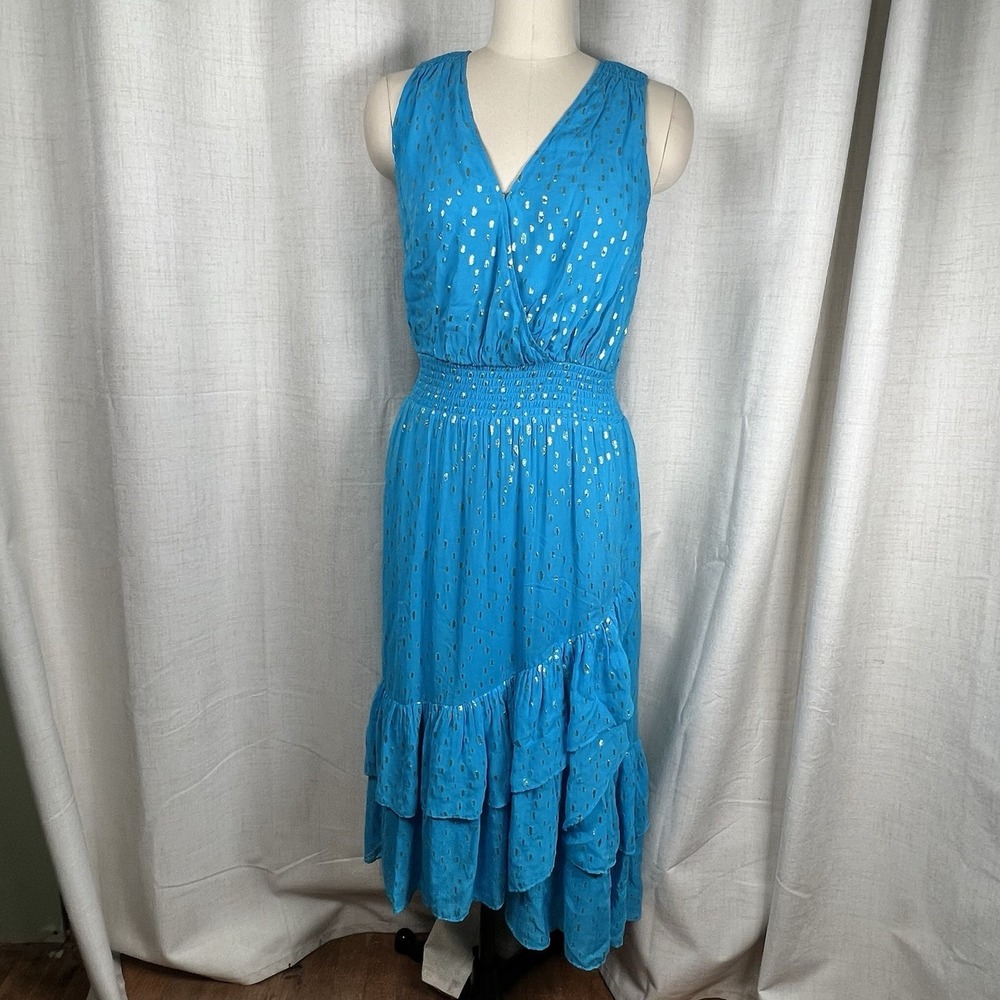 Lilly Pulitzer Valeri Midi Dress Cumulus Blue Metallic Clip Dots 4 Aqua Tiered